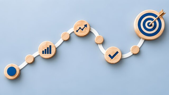 Wooden milestones with financial growth charts and checkmarks forming a winding path towards a target representing business success roadmap