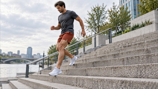 Athletic young man running down urban stairs during outdoor cardio workout training in the city