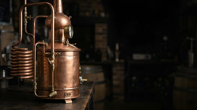 Copper distillery apparatus with coiled tubing and condensing equipment on dark background