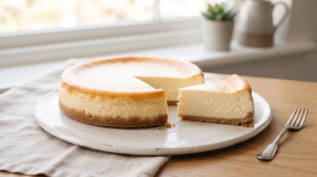 Classic New York Cheesecake with Creamy Filling and Golden Biscuit Crust, Elegant Dessert on White Plate