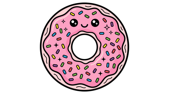 Kawaii Vector Illustration of an Adorable Glazed Donut with Pink Strawberry Frosting and Colorful Rainbow Sprinkles, Cute Cartoon Style Sweet Pastry Dessert Isolated on White Background