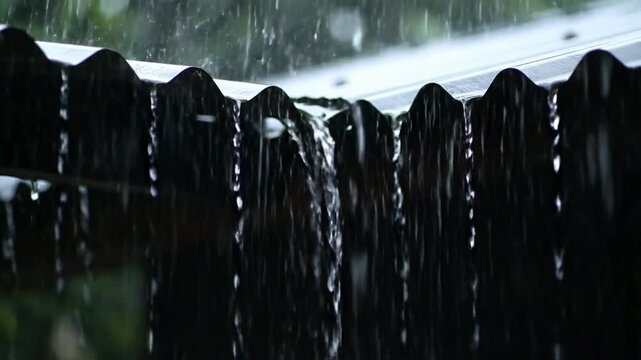 Heavy rain pouring down on corrugated metal roof in downpour storm weather background, with flowing water droplets