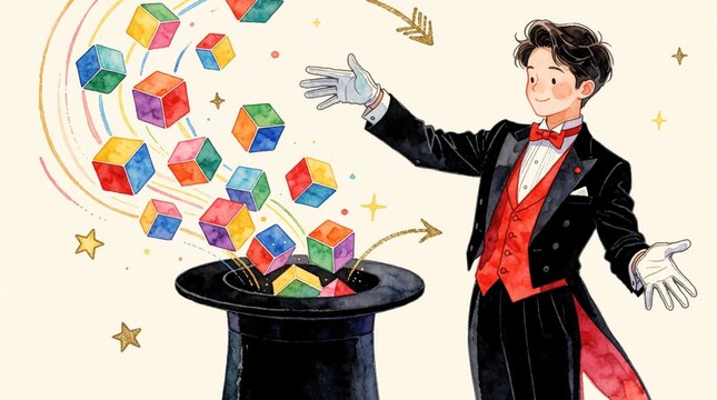 Magician in black tuxedo performs magic trick with colorful cubes. Illusionist pulls bright geometric shapes from top hat. Whimsical watercolor illustration shows performer with magic wand effect.