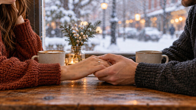 Couple holding hands across wooden table in cozy cafe with hot coffee and snowy street view outside the window