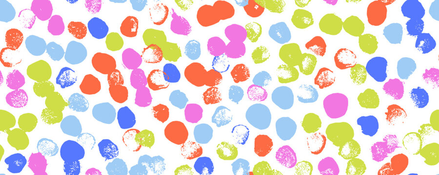 Messy polka dot and confetti seamless pattern. Colorful brush drawn circles, dots and spots banner background. Naive messy scribble polka dot pattern for textile design, Birthday wrapping paper.