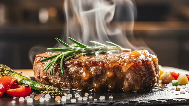 Sizzling hot juicy beef steak with fresh rosemary, asparagus and rising steam in gourmet kitchen juicy steak