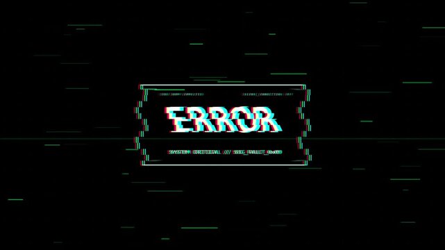 Glitchy digital error message with VHS distortion effects, cyberpunk system failure screen on black background, retro computer error warning