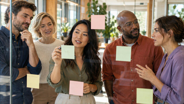 Diverse creative business team brainstorming with colorful sticky notes on glass wall during agile meeting in modern office