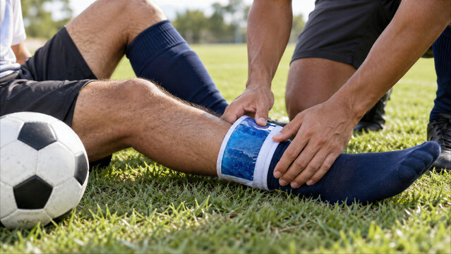 Soccer player receiving first aid treatment with cold gel ice pack on injured leg during football match on grass pitch