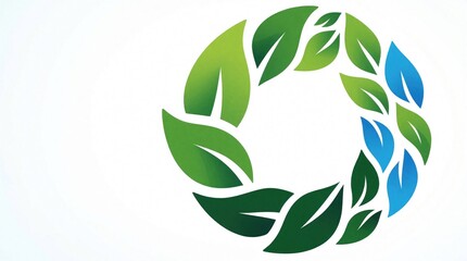 Fototapeta premium Circular logo design with green, blue leaves. Stylized foliage forms round wreath shape. Eco friendly symbol represents nature, sustainability, organic growth. Modern graphic element for brand