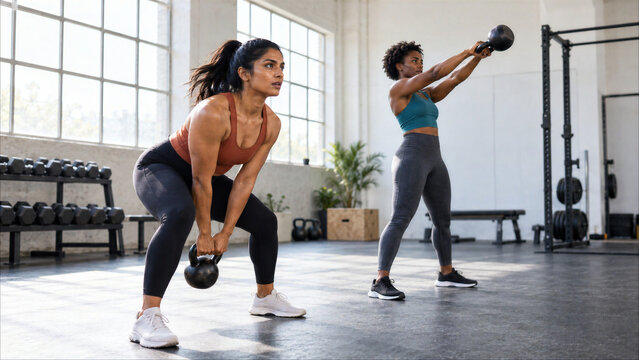 Two diverse athletic women doing kettlebell swing exercises during functional strength workout in a bright modern gym