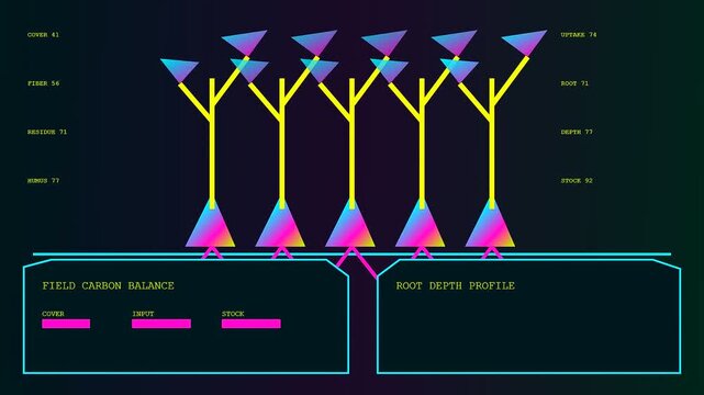Three panel sequence showing carbon sequestration data cycles with plant root diagrams glowing neon symbols fluctuating levels and digital metrics presented on a dark screen background