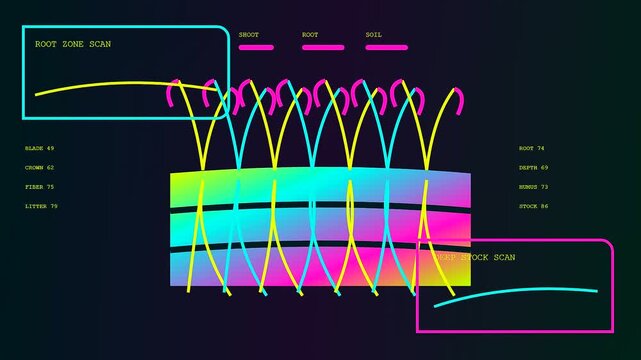 Digital data visualization of carbon sequestration processes showing soil layer organic cycles and root system growth patterns in a dynamic three panel screen user interface