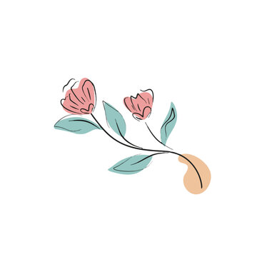 Minimalist floral branch illustration with pink flowers and green