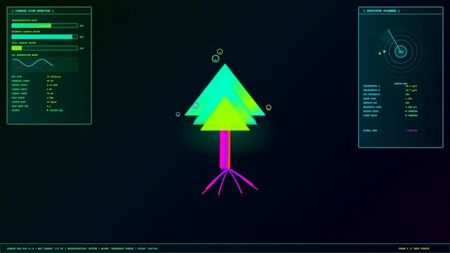 Digital carbon sequestration data visualization showing glowing geometric trees with layered green triangles and pink root systems flickering across a dark interface display monitor screen