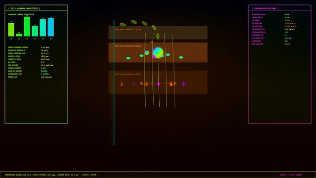 Digital displays showing carbon sequestration data with glowing charts and soil composition graphics for ecological monitoring and climate research studies in a dark laboratory setting