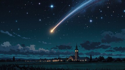 Fototapeta premium Bright shooting star streaks across dark starry night sky above small town. Comet flies over peaceful village with church tower, distant buildings. Dreamy landscape features clouds, cosmic light,