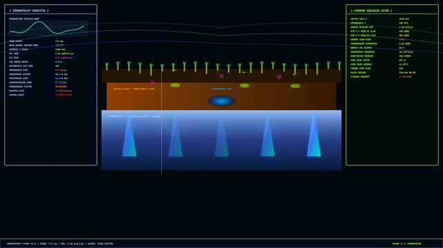 Digital data visualization illustrates carbon sequestration as methane release levels fluctuate on a scientific permafrost monitoring system showing soil layers and active gas measurements