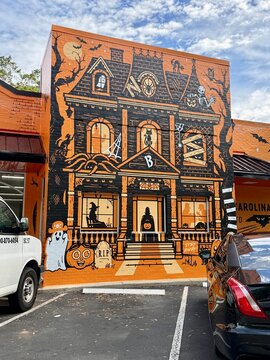 Bojangles fast food restaurant in Charlotte, NC wrapped in a Halloween haunted house wrap