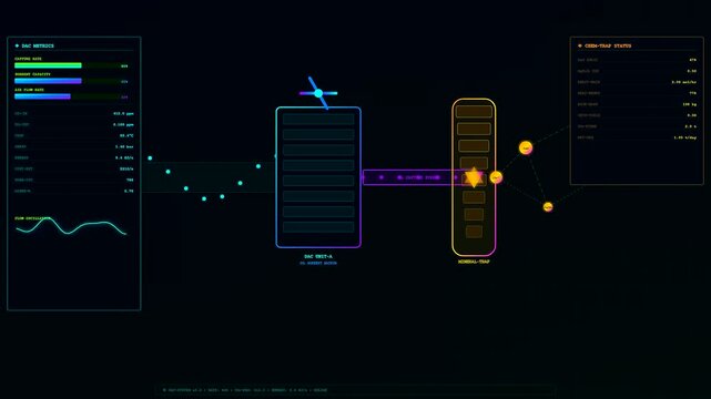 a futuristic carbon sequestration interface shows graphical data flow patterns and system monitoring cycles across three repeating digital panels during an active software processing sequence
