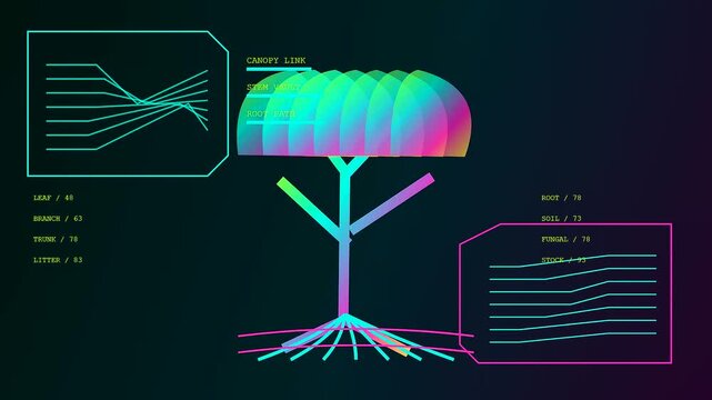 Innovative carbon sequestration metrics displayed in a flickering digital forest simulation illustrating environmental growth cycles through glowing neon lines on a dark gradient interface screen