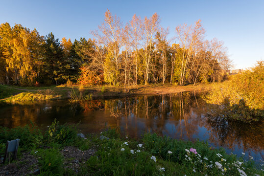 Autumn landscape with trees reflected in Angara river, embankment of Irkutsk