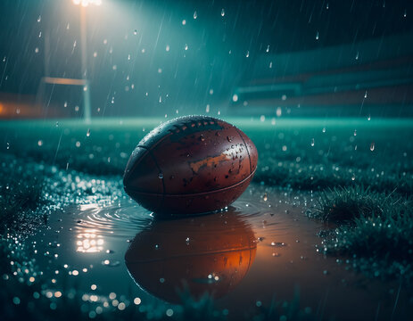 American football rests in a puddle on a wet grassy field under stadium lights while a heavy rainstorm pours down.