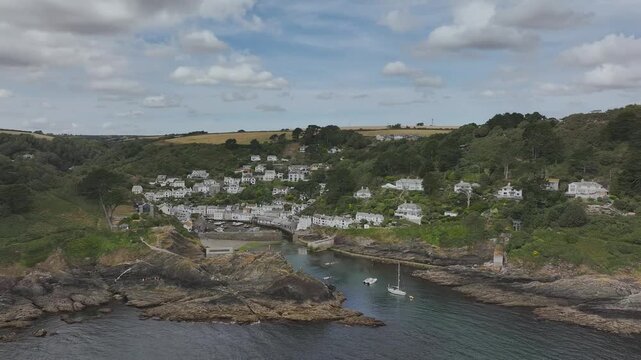 Polperro Harbour and Village from a drone, Polperro, Looe, Cornwall, England, United Kingdom