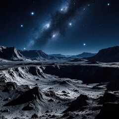 Fototapeta premium Alien landscape under bright starry night sky. Cosmic milky way galaxy glows above dark rocky terrain, deep craters. Mysterious planet surface features mountains, vast desert with celestial light.
