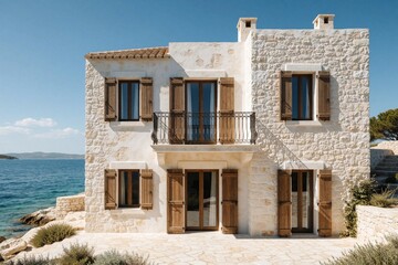 Fototapeta premium Stone villa with wooden shutters stands by blue sea. Mediterranean style coastal house features balcony with iron railing. Sunny summer day at seaside residence with terrace, panoramic ocean view.