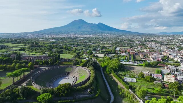 Pompeii and Mount Vesuvius from a drone, Naples, Campania, Italy