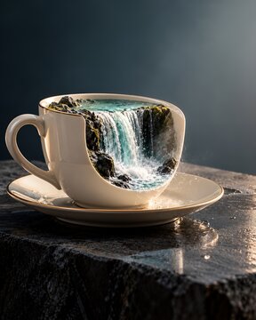 Teacup With Waterfall Pouring Through Handle