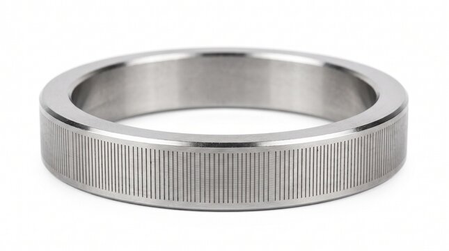 Polished stainless steel mechanical ring with vertical knurled texture displayed under bright studio lighting