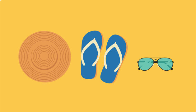 Summer beach vacation accessories featuring a woven straw hat, blue flip flops, and sunglasses resting on sand.