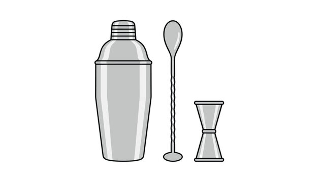 Professional bar equipment including a cocktail shaker, twisted bar spoon, and measuring jigger for mixology.