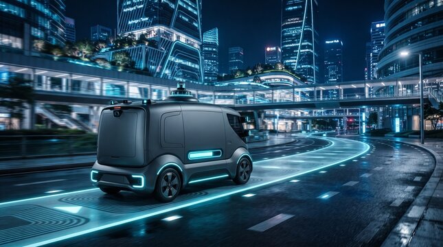 Electric autonomous delivery truck using lidar, intelligent cameras and wireless charging technology within a futuristic connected city.