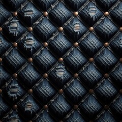 Fototapeta premium Seamless distressed denim waffle texture pattern. Dark blue quilted fabric with ripped holes, metal rivets. Rugged textile surface for fashion design, apparel backgrounds, upholstery projects. Grunge