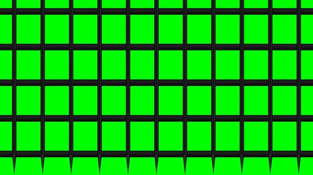Animation of a heavy iron portcullis prison gate dropping down and lifting up on a chroma key green background. Perfect for medieval dungeon or security themes in 4K.