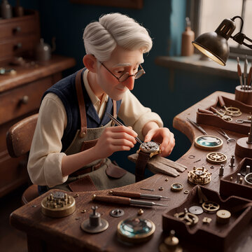 3D Cartoon Character Illustration of a Senior Artisan Watchmaker at His Workbench
