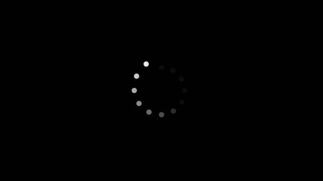 Seamless loop of a circular loading animation on a black screen where the active white dots dynamically bounce outward from the center radius before smoothly settling back into position.