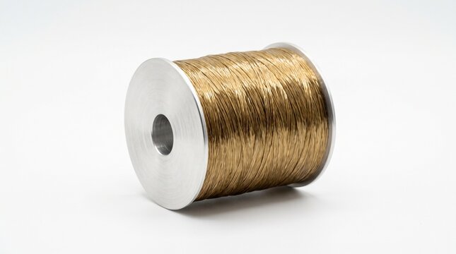 Golden metallic wire wound tightly around a sturdy industrial spool featuring shiny aluminum flanges and bright lighting