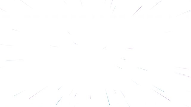 Straight fast warp speed effect animation with density reduced by one third. Accelerated linear flight through stars featuring glowing blue and purple tapered comet tails and early fade-out. Hyperspac