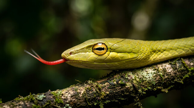 Bright green snake detailed scales yellow eye black horizontal pupil flicking long forked red tongue, coiled on mossy green wooden branch, dark tropical forest blur bokeh natural wild sharp focus back