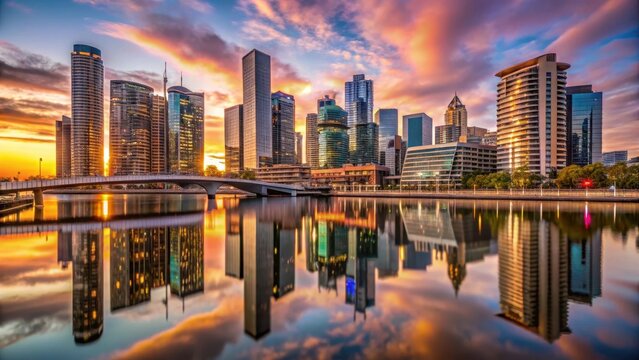 Towering skyscrapers set ablaze by sunset hues reflected serenely on yarras tranquil waters beneath iconic docklands bridge