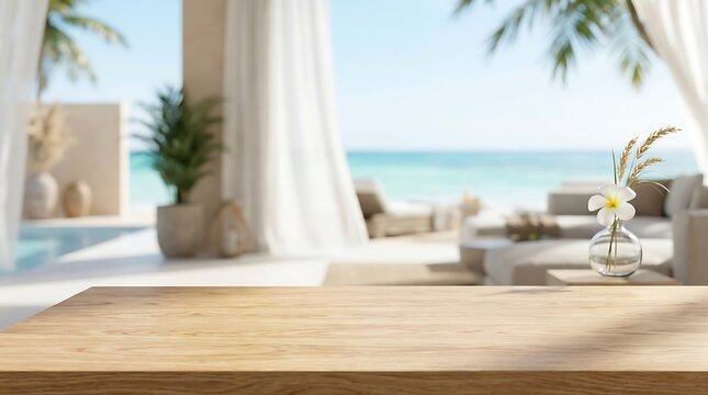 Wooden table top in luxury tropical beach resort background for product display mockup and website banner advertising.