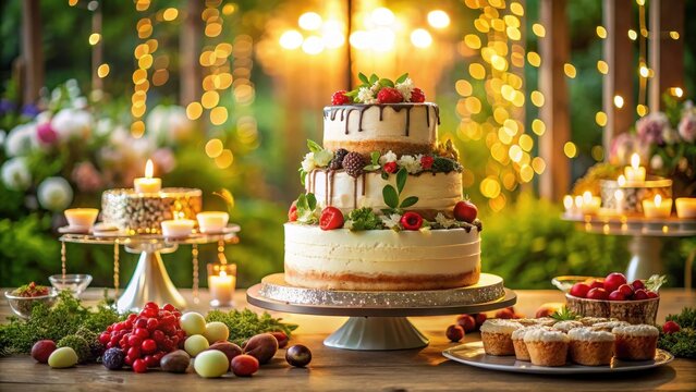 A majestic multitiered masterpiece of sweet artistry sat atop a festive birthday table