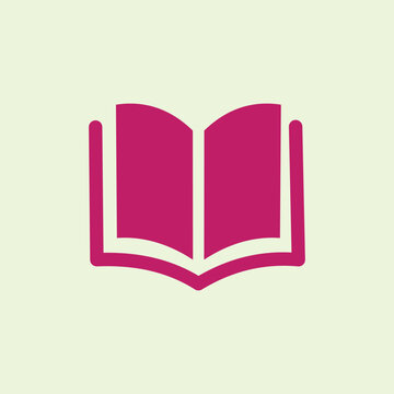 Minimalist graphic illustration of an open magenta book symbol. Ideal design element for education, school, library, reading, literature, and app UI design.