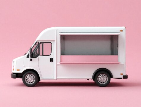 Side view of white food truck with pink counter. Mobile catering van mockup for small business startup on pink background. Blank vehicle template for branding, street food service, cafe design.