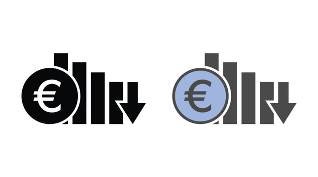 Financial crisis concept showing declining euro currency exchange rates with downward trending bar charts and arrows in simple vector illustration style graphics