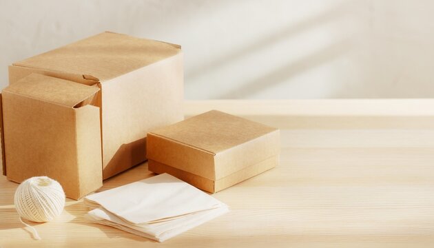 Plain kraft packaging boxes with tissue paper and cotton string on a wooden table